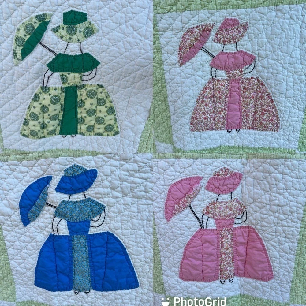 VTG Southern Belle Block Quilt Hand Stitched Quilted Parasol Bonnet Calico 58x76